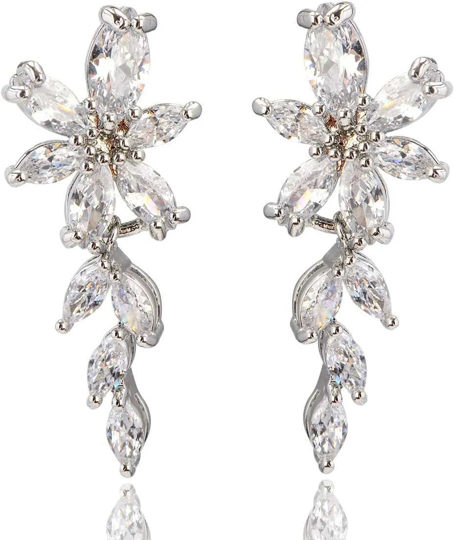 Marquise Cubic Zirconia Cluster Earrings for Wedding Sterling Silver CZ Crystal Rhinestone Floral Flower Leaf Bridal Dangle Drop Earring for Bride Bridesmaids Women Girls Party Prom Costume Jewelry