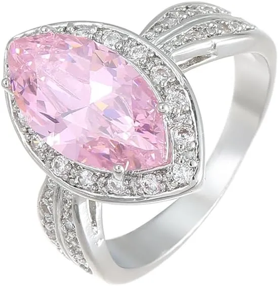 Marquise Cut 925 Silver Plated Pink Gem Created Diamond Engagement Ring Promise Eternity Band Wedding Ring Topaz Birthday Stone Rings for Women Size 6#