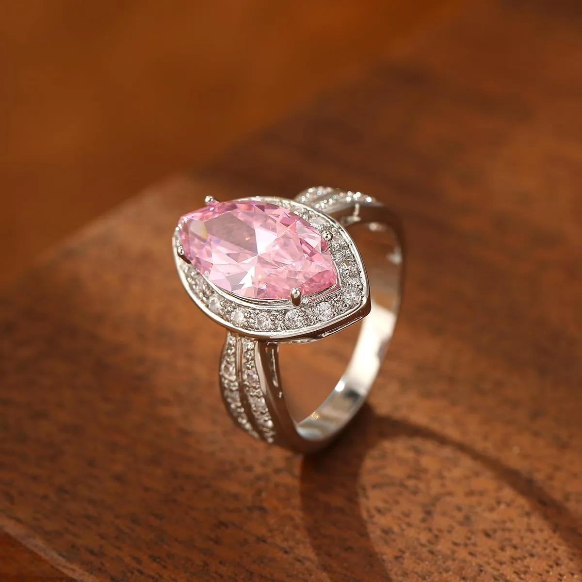 Marquise Cut 925 Silver Plated Pink Gem Created Diamond Engagement Ring Promise Eternity Band Wedding Ring Topaz Birthday Stone Rings for Women Size 6#
