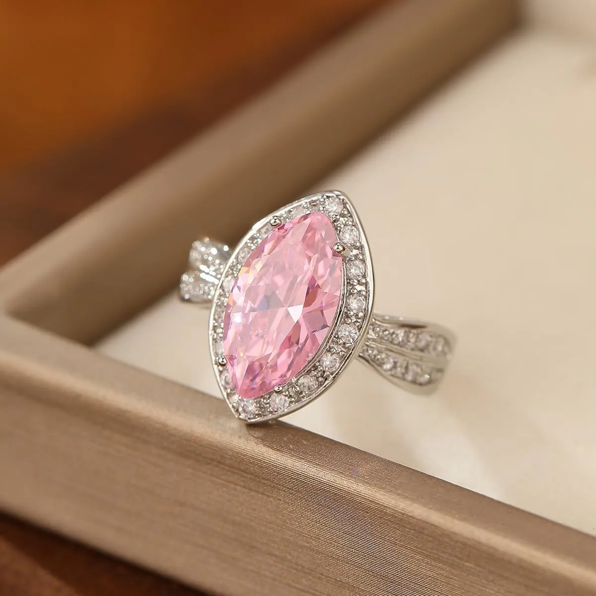 Marquise Cut 925 Silver Plated Pink Gem Created Diamond Engagement Ring Promise Eternity Band Wedding Ring Topaz Birthday Stone Rings for Women Size 6#