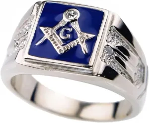 Masonic Ring for Men S925 Sterling Silver Freemason Masonic Signet Statement Ring Blue Master Mason Biker Band Custom Masonic Jewelry for Men Birthday Size 4 to 16