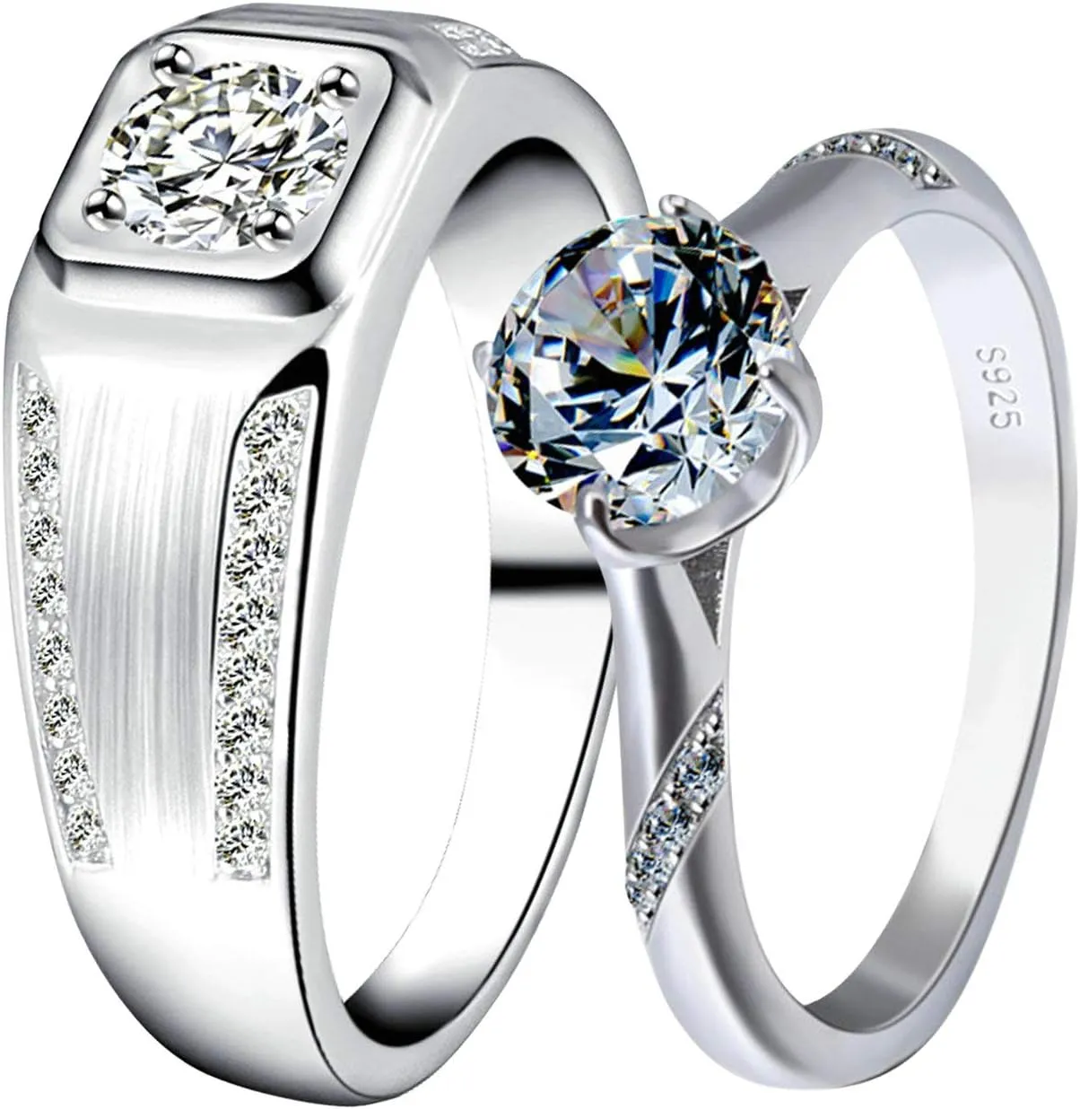 Matching Couple Ring Sets for Women & Men Silver Cubic Zirconia Round Brilliant Shape Ring