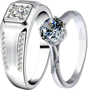 Matching Couple Ring Sets for Women & Men Silver Cubic Zirconia Round Brilliant Shape Ring