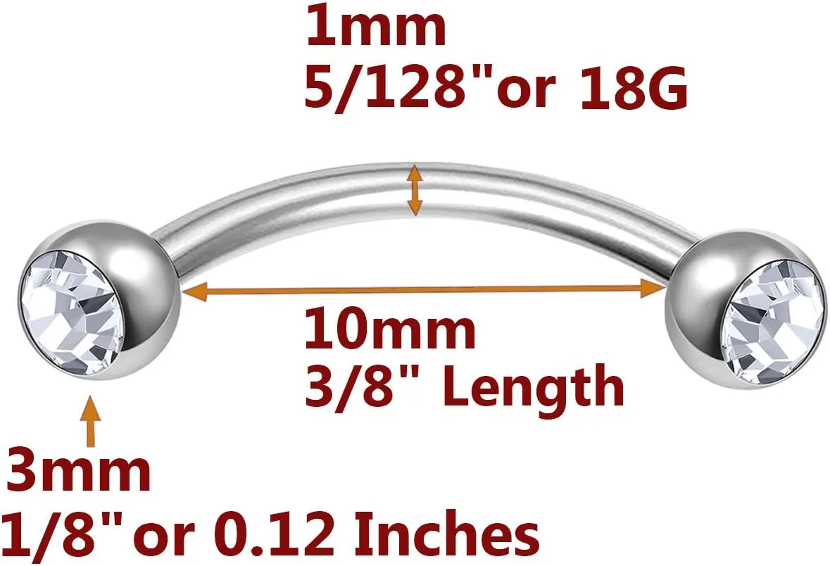 MATIGA 2Pcs Steel Curved Barbell Piercing Jewelry Rook Cartilage Tragus Lip Daith Eyebrow 3mm Crystal Ball and Size More Choices