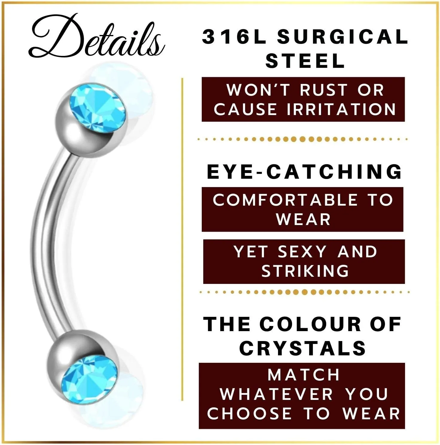 MATIGA 2Pcs Steel Curved Barbell Piercing Jewelry Rook Cartilage Tragus Lip Daith Eyebrow 3mm Crystal Ball and Size More Choices