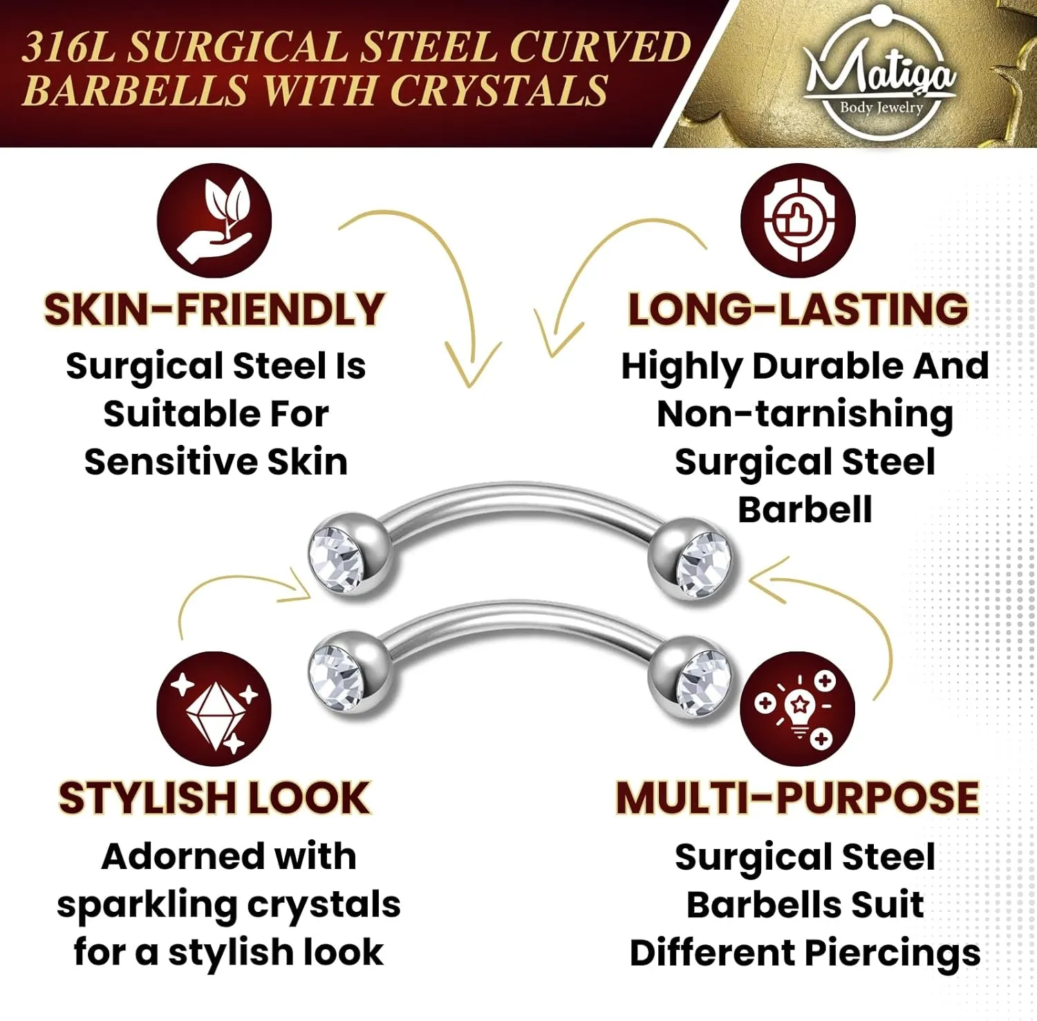 MATIGA 2Pcs Steel Curved Barbell Piercing Jewelry Rook Cartilage Tragus Lip Daith Eyebrow 3mm Crystal Ball and Size More Choices