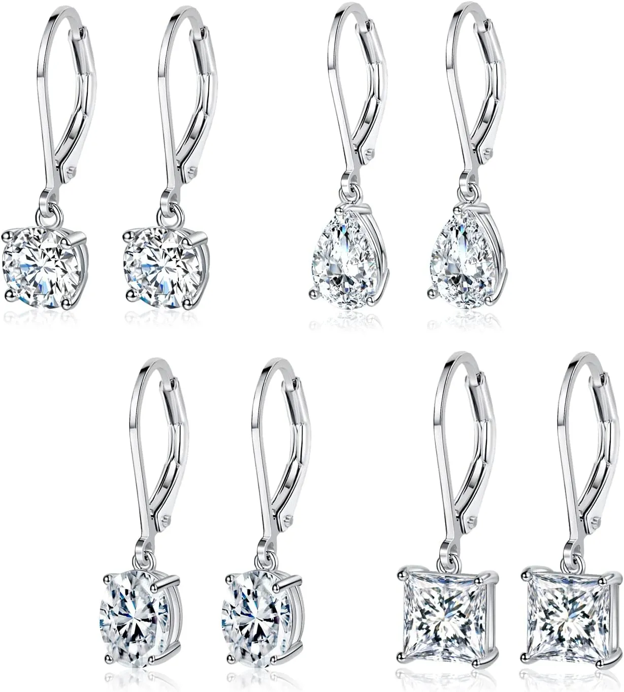 MDFUN 18K White Gold Plated Round Princess Cut Clear Cubic Zirconia Tear Drop Dangle Earrings for Women Hypoallergenic