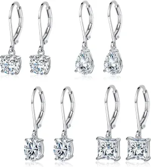 MDFUN 18K White Gold Plated Round Princess Cut Clear Cubic Zirconia Tear Drop Dangle Earrings for Women Hypoallergenic