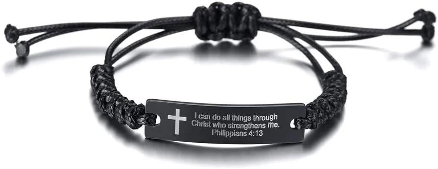 MEALGUET Religious Bible Verse Bracelet Scripture Quotes Inspirational Bracelet Faith Christian Adjustable Cord Stainless Steel Encourage ID Bracelets for Men Women, Customized Gift