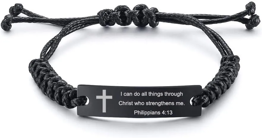 MEALGUET Religious Bible Verse Bracelet Scripture Quotes Inspirational Bracelet Faith Christian Adjustable Cord Stainless Steel Encourage ID Bracelets for Men Women, Customized Gift