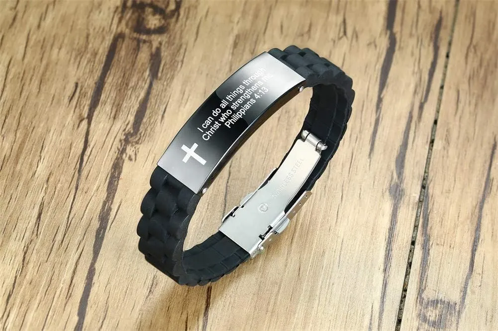 MEALGUET Religious Quote Faith Christian Bible Verses Inspirational Powerful Scripture ID Wristband Cross Silicone Bracelets, God Bracelet Gift Idea for Men, gift for him for love husband father boys