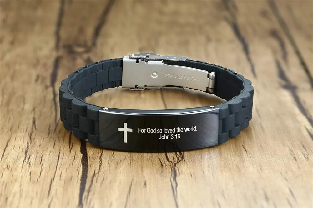 MEALGUET Religious Quote Faith Christian Bible Verses Inspirational Powerful Scripture ID Wristband Cross Silicone Bracelets, God Bracelet Gift Idea for Men, gift for him for love husband father boys