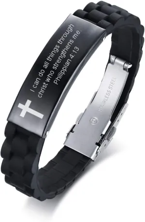 MEALGUET Religious Quote Faith Christian Bible Verses Inspirational Powerful Scripture ID Wristband Cross Silicone Bracelets, God Bracelet Gift Idea for Men, gift for him for love husband father boys