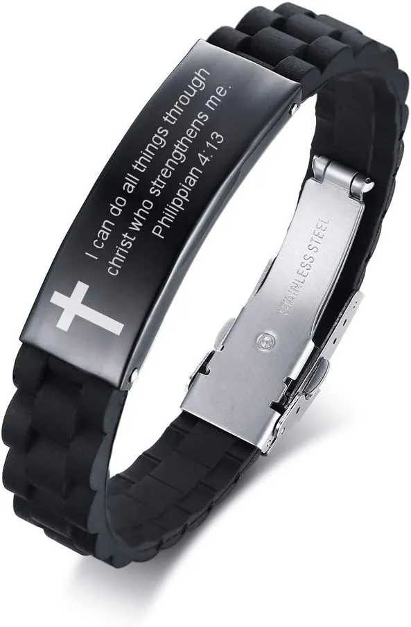 MEALGUET Religious Quote Faith Christian Bible Verses Inspirational Powerful Scripture ID Wristband Cross Silicone Bracelets, God Bracelet Gift Idea for Men, gift for him for love husband father boys