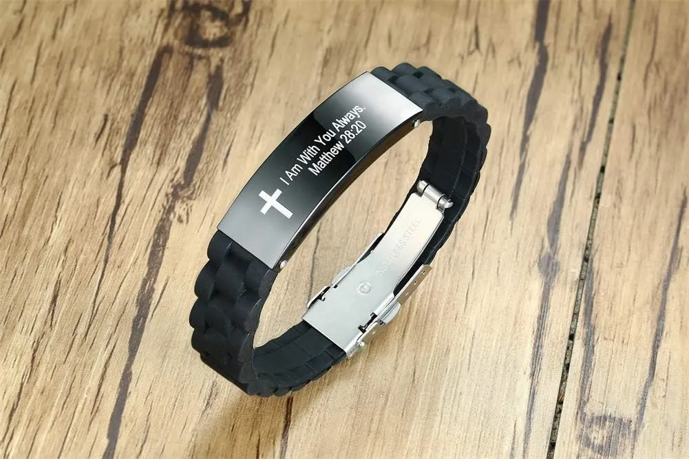MEALGUET Religious Quote Faith Christian Bible Verses Inspirational Powerful Scripture ID Wristband Cross Silicone Bracelets, God Bracelet Gift Idea for Men, gift for him for love husband father boys