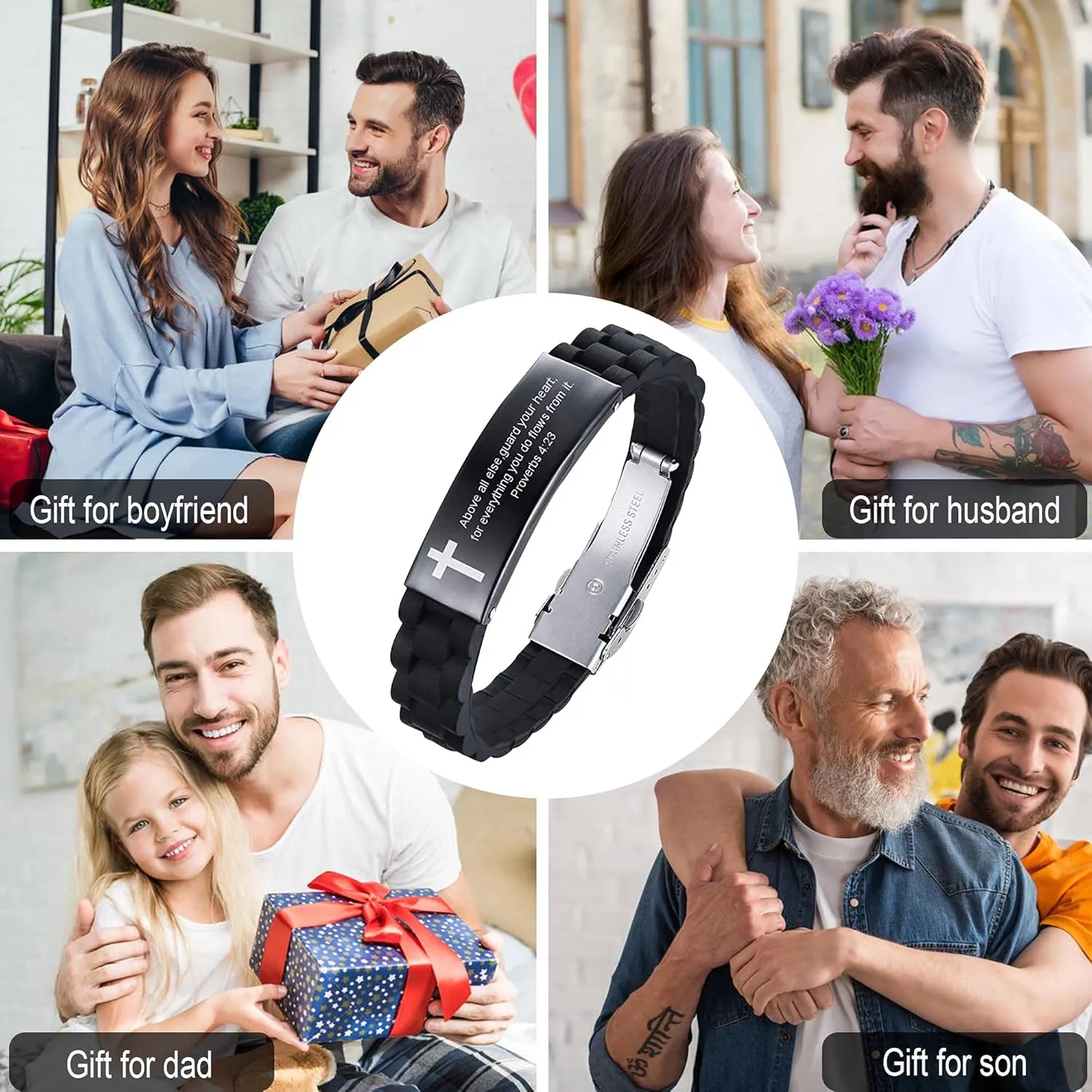 MEALGUET Religious Quote Faith Christian Bible Verses Inspirational Powerful Scripture ID Wristband Cross Silicone Bracelets, God Bracelet Gift Idea for Men, gift for him for love husband father boys