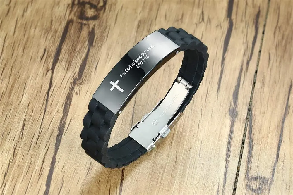 MEALGUET Religious Quote Faith Christian Bible Verses Inspirational Powerful Scripture ID Wristband Cross Silicone Bracelets, God Bracelet Gift Idea for Men, gift for him for love husband father boys