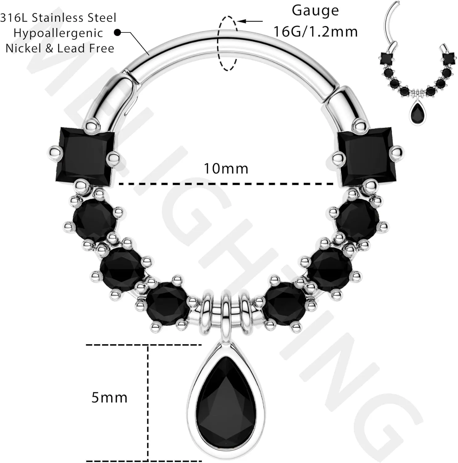 Melighting 16G Septum Jewelry Teardrop Dangle Septum Rings Women 316L Stainless Steel Clear CZ Daith Earrings Helix Earrings Cartilage Tragus Earring Piercing Jewelry for Men