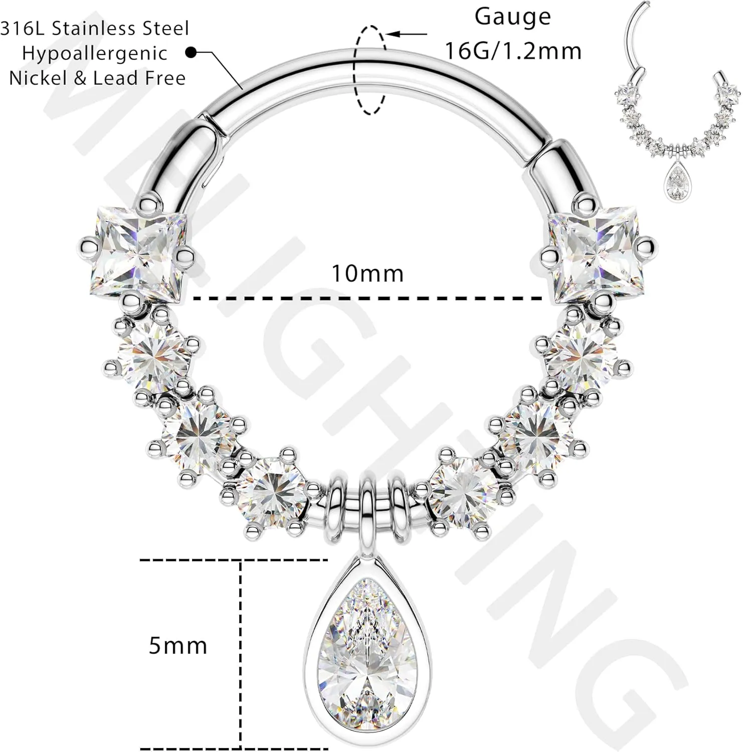 Melighting 16G Septum Jewelry Teardrop Dangle Septum Rings Women 316L Stainless Steel Clear CZ Daith Earrings Helix Earrings Cartilage Tragus Earring Piercing Jewelry for Men