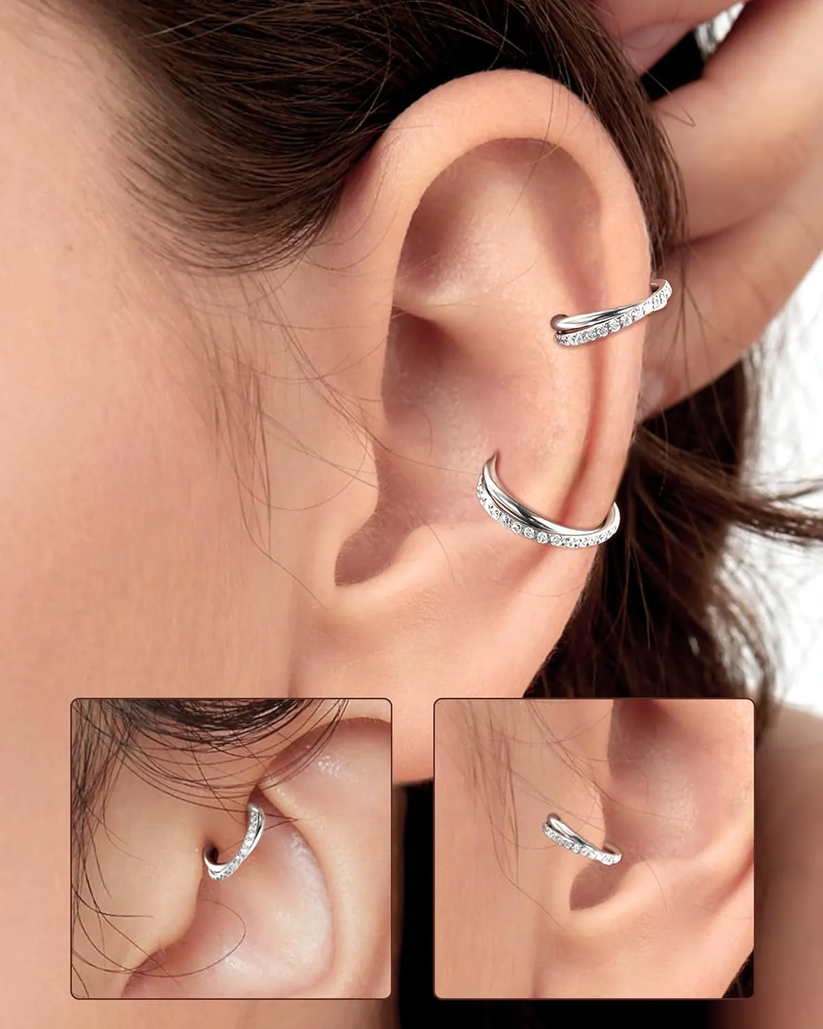Melighting G23 Titanium Nose Ring Hoop 16G 18G 20G Conch Piercing Jewelry Clear CZ Double Titanium Helix Earring Tragus Daith Piercing Jewelry for Women