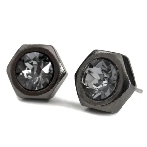 Mens Black Hex Nut Stud Earrings with Charcoal Crystal - Unisex Post Earrings, Hardware Jewelry