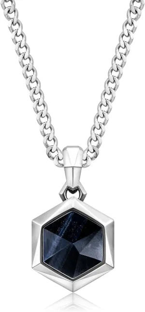 Men's Bronzite Hawk's Eye Necklace for Men Sterling Silver Hexagonal Pendant Necklace with Stainless Steel Chain 24 Inch Gift for Men