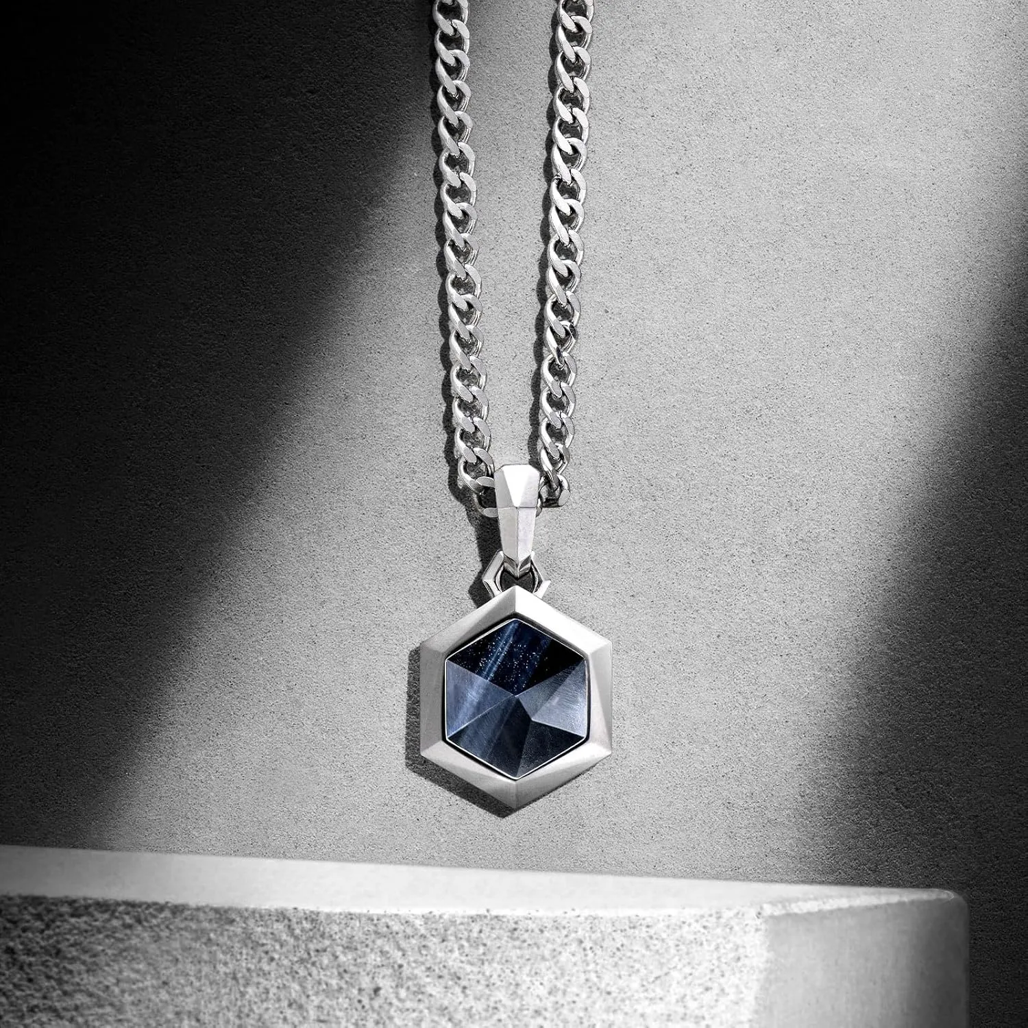 Men's Bronzite Hawk's Eye Necklace for Men Sterling Silver Hexagonal Pendant Necklace with Stainless Steel Chain 24 Inch Gift for Men