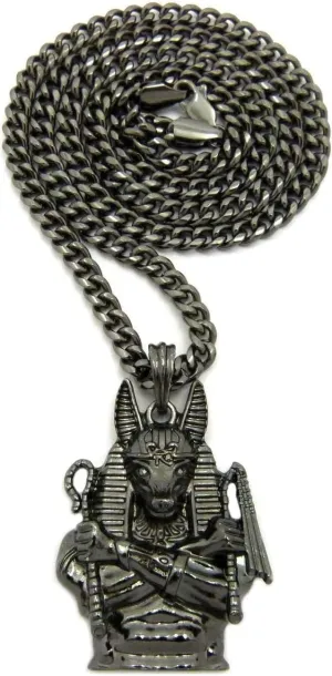 Mens Egyptian Anubis Hematite GOD Pendant Cuban Box Chain Necklace