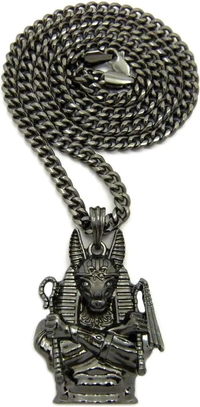 Mens Egyptian Anubis Hematite GOD Pendant Cuban Box Chain Necklace