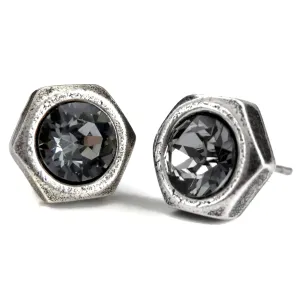 Mens Hex Nut Shape Stud Earrings with Dark Grey Crystal, Hardware Jewelry