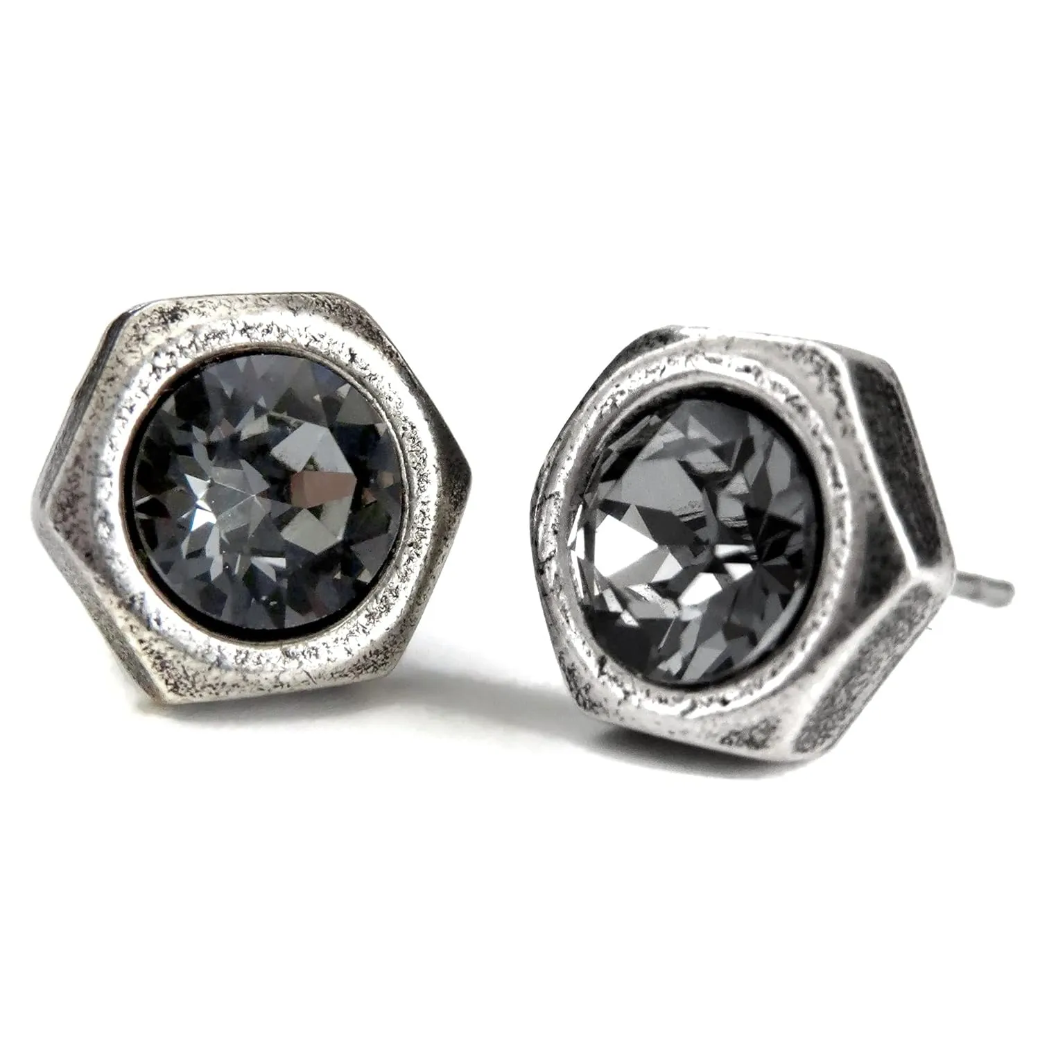 Mens Hex Nut Shape Stud Earrings with Dark Grey Crystal, Hardware Jewelry