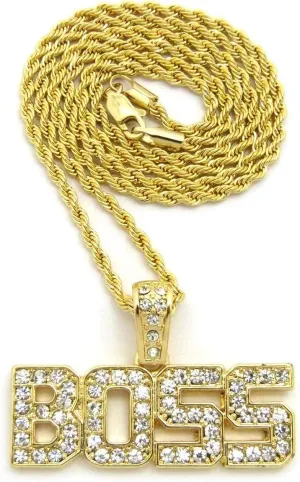 MENS ICED OUT BOSS PENDANT GOLD BOX CUBAN ROPE CHAIN HIP HOP NECKLACE