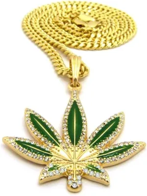 Mens Iced Out (Ganja) Green Marijuana Leaves Hip Hop Pendant Box, Rope,Cuban Necklace