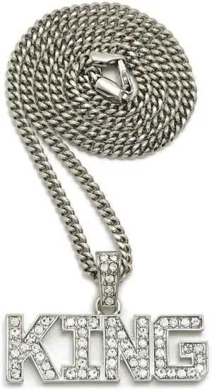 Mens ICED Out Hip HOP Silver King Pendant Rope, Box, Cuban Chain Necklace