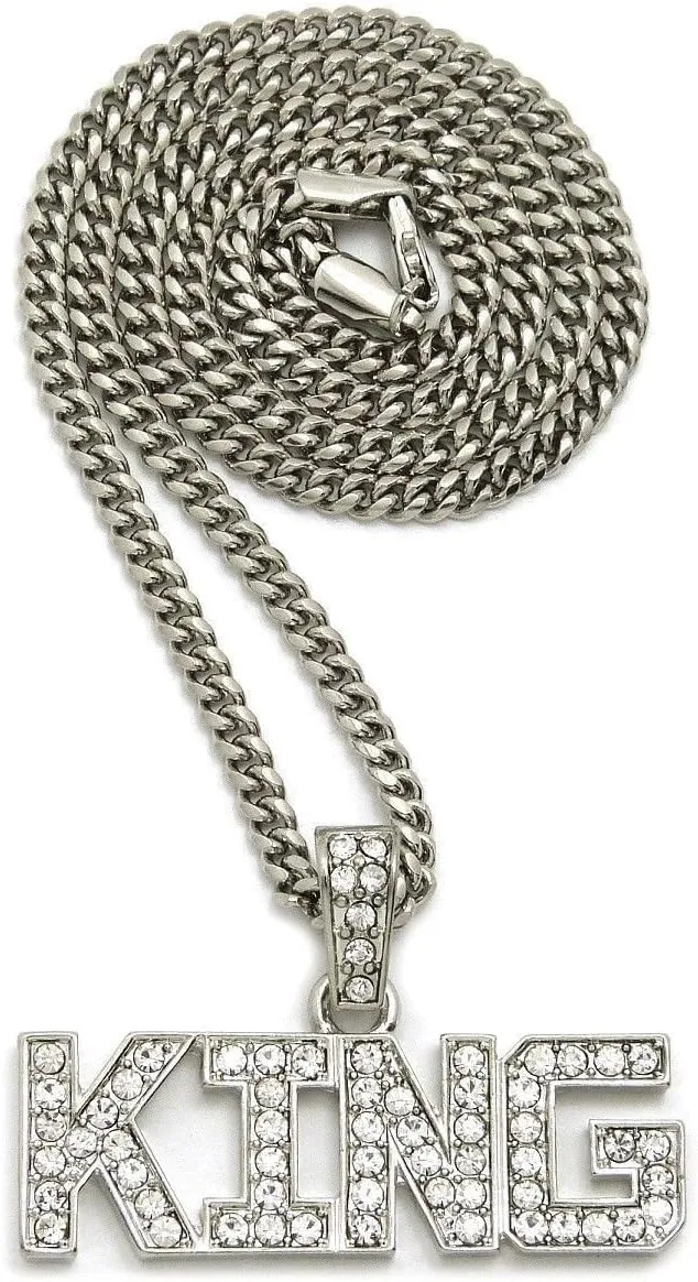 Mens ICED Out Hip HOP Silver King Pendant Rope, Box, Cuban Chain Necklace