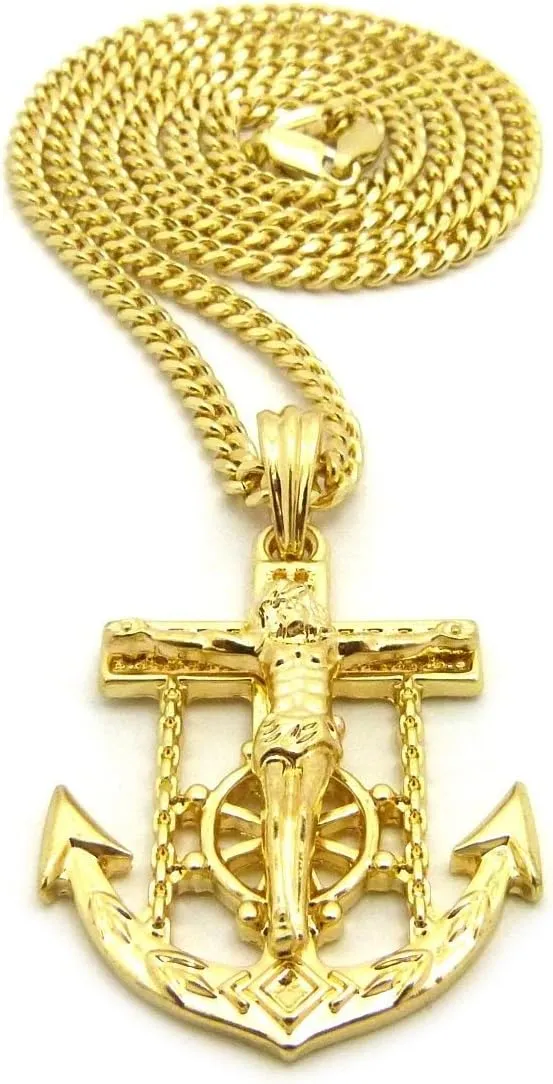 Mens Jesus Anchor Cross Hip Hip Jewelry Pendant 24" Box Rope Cuban Chain Necklace