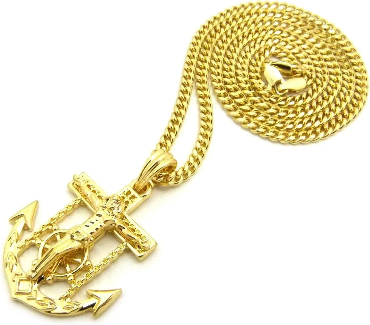 Mens Jesus Anchor Cross Hip Hip Jewelry Pendant 24" Box Rope Cuban Chain Necklace