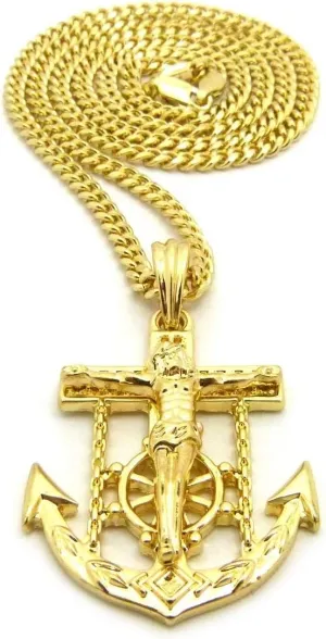 Mens Jesus Anchor Cross Hip Hip Jewelry Pendant 24" Box Rope Cuban Chain Necklace