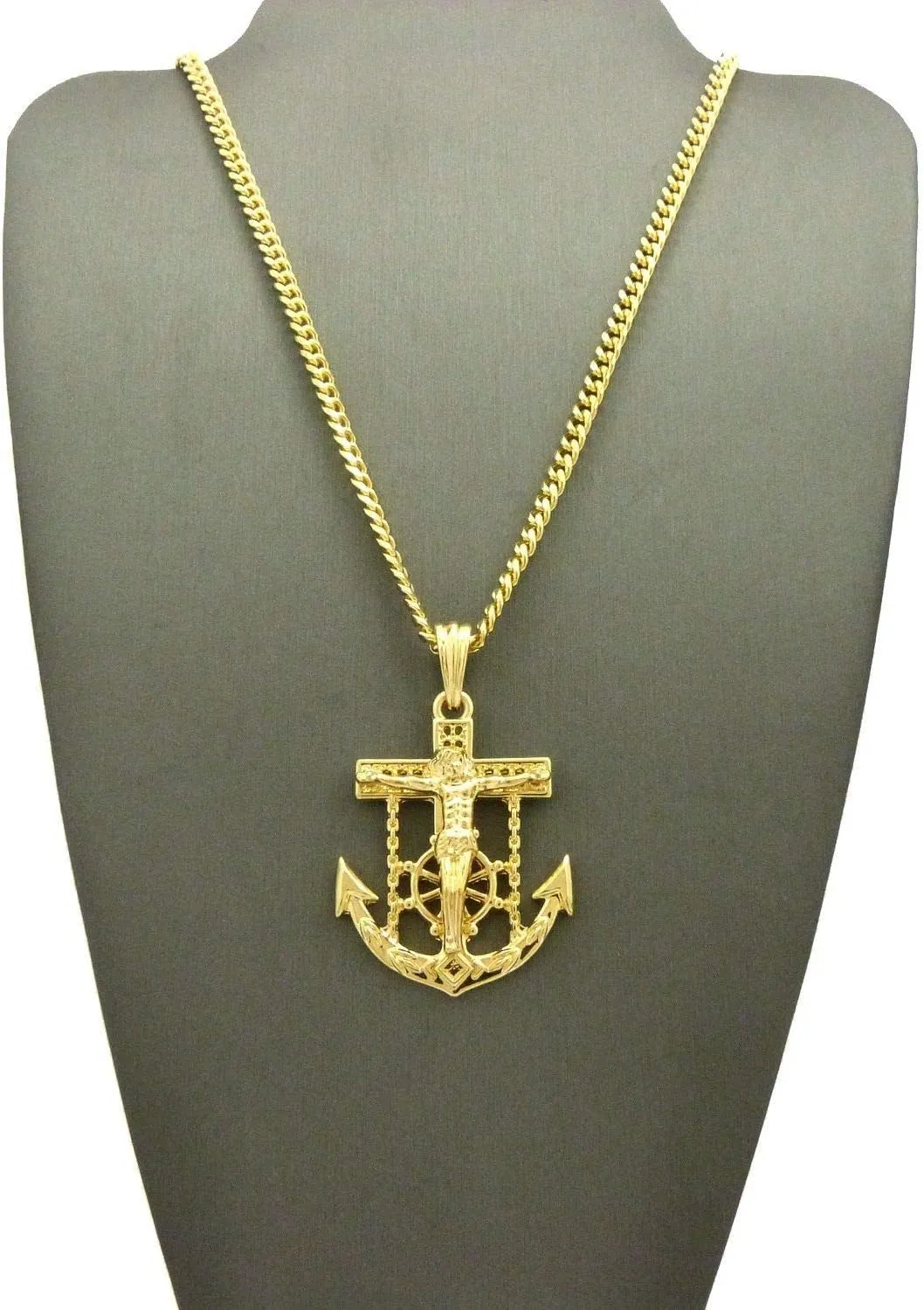 Mens Jesus Anchor Cross Hip Hip Jewelry Pendant 24" Box Rope Cuban Chain Necklace
