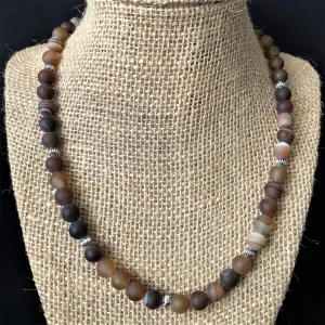 Mens Matte Brown Agate with Silver Beads Necklace