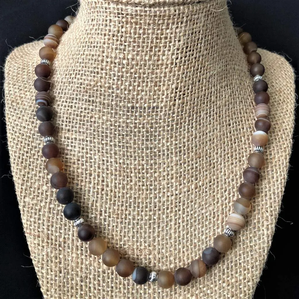 Mens Matte Brown Agate with Silver Beads Necklace