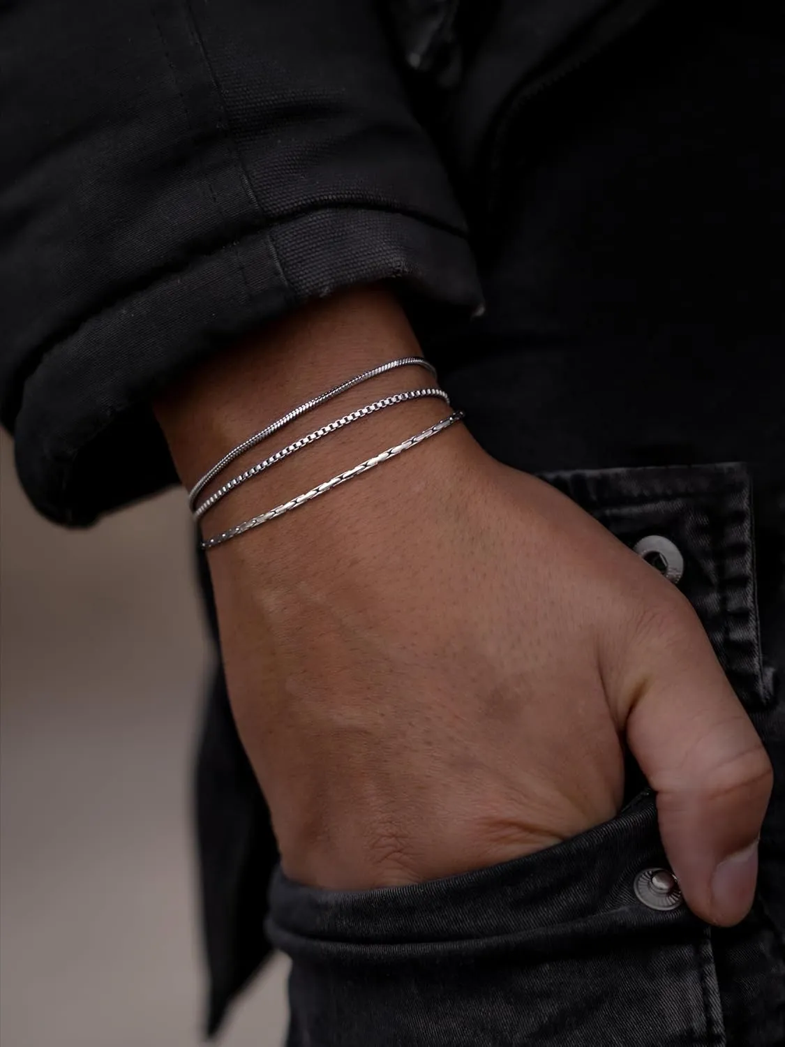 Men's Silver Bracelet Set: 3 PCS Tiny Snake Chain Link Bracelets Non Tarnish Stainless Steel Jewelry for Men Women 6.5/7/7.5/8/8.8/9 Inch Cool Silver Stack Bracelet Gifts for Boyfriend or Dad
