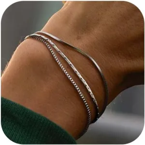 Men's Silver Bracelet Set: 3 PCS Tiny Snake Chain Link Bracelets Non Tarnish Stainless Steel Jewelry for Men Women 6.5/7/7.5/8/8.8/9 Inch Cool Silver Stack Bracelet Gifts for Boyfriend or Dad