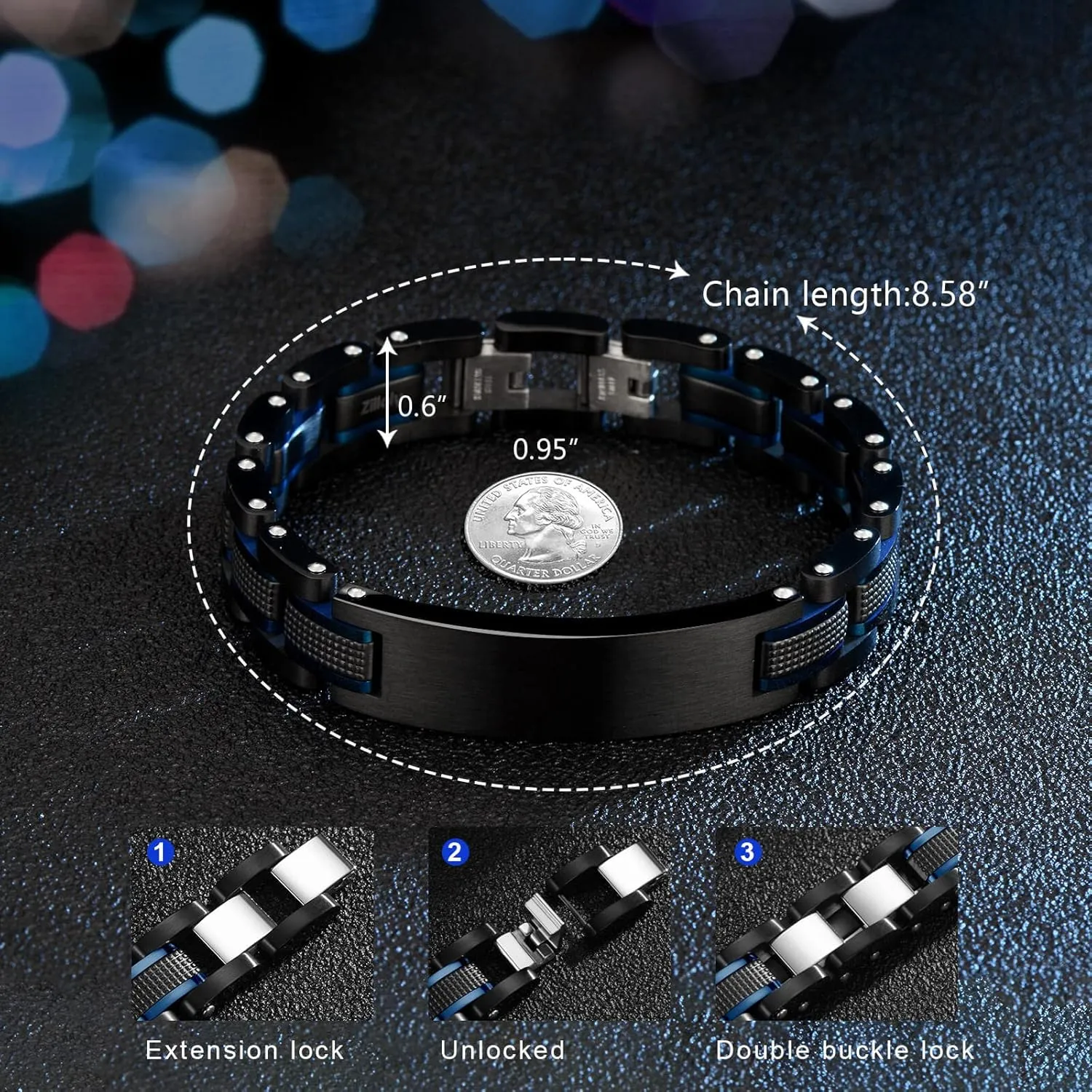 Men's Stainless Steel Two-Tone Square Link diamond Bracelet in Black & Blue Ion-Plated Black