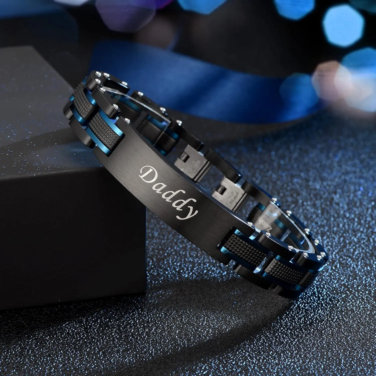 Men's Stainless Steel Two-Tone Square Link diamond Bracelet in Black & Blue Ion-Plated Black