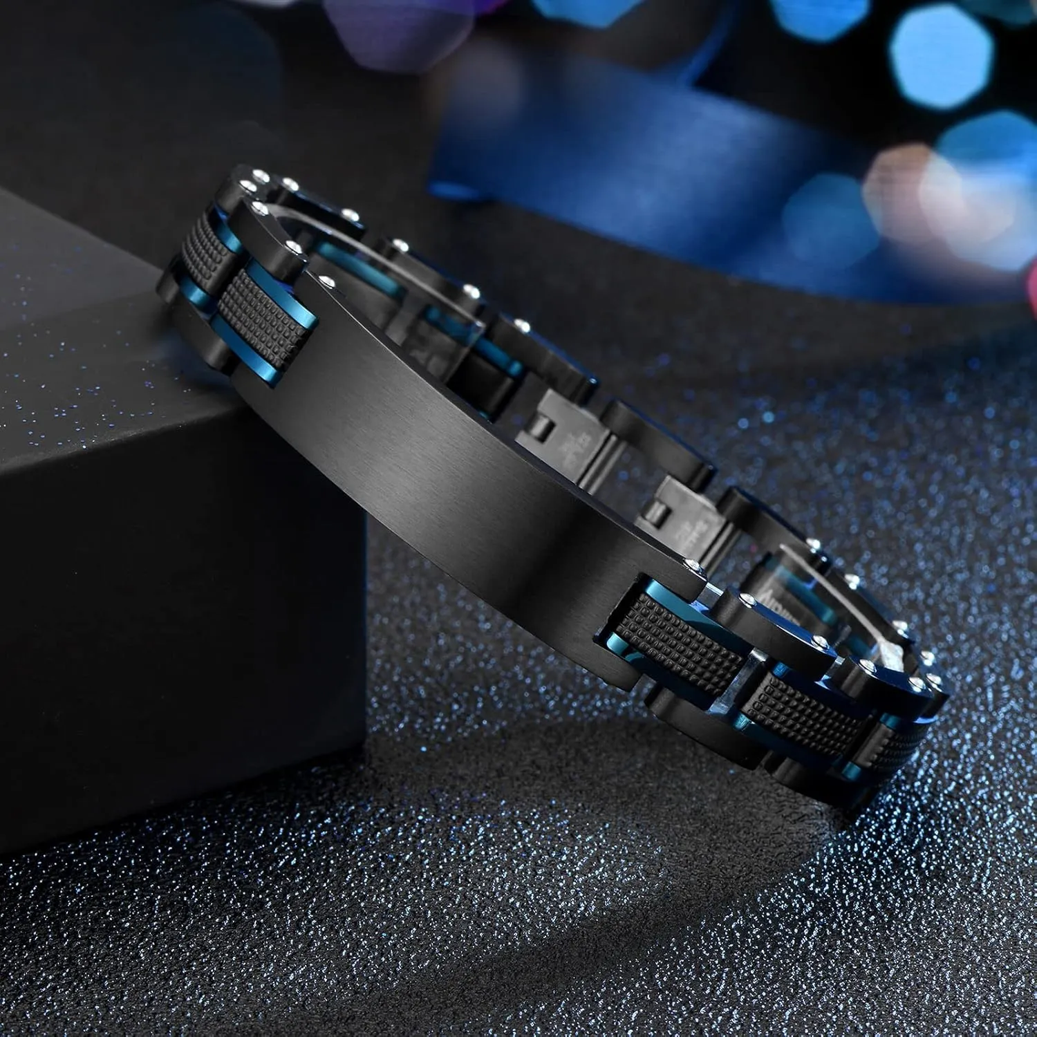 Men's Stainless Steel Two-Tone Square Link diamond Bracelet in Black & Blue Ion-Plated Black