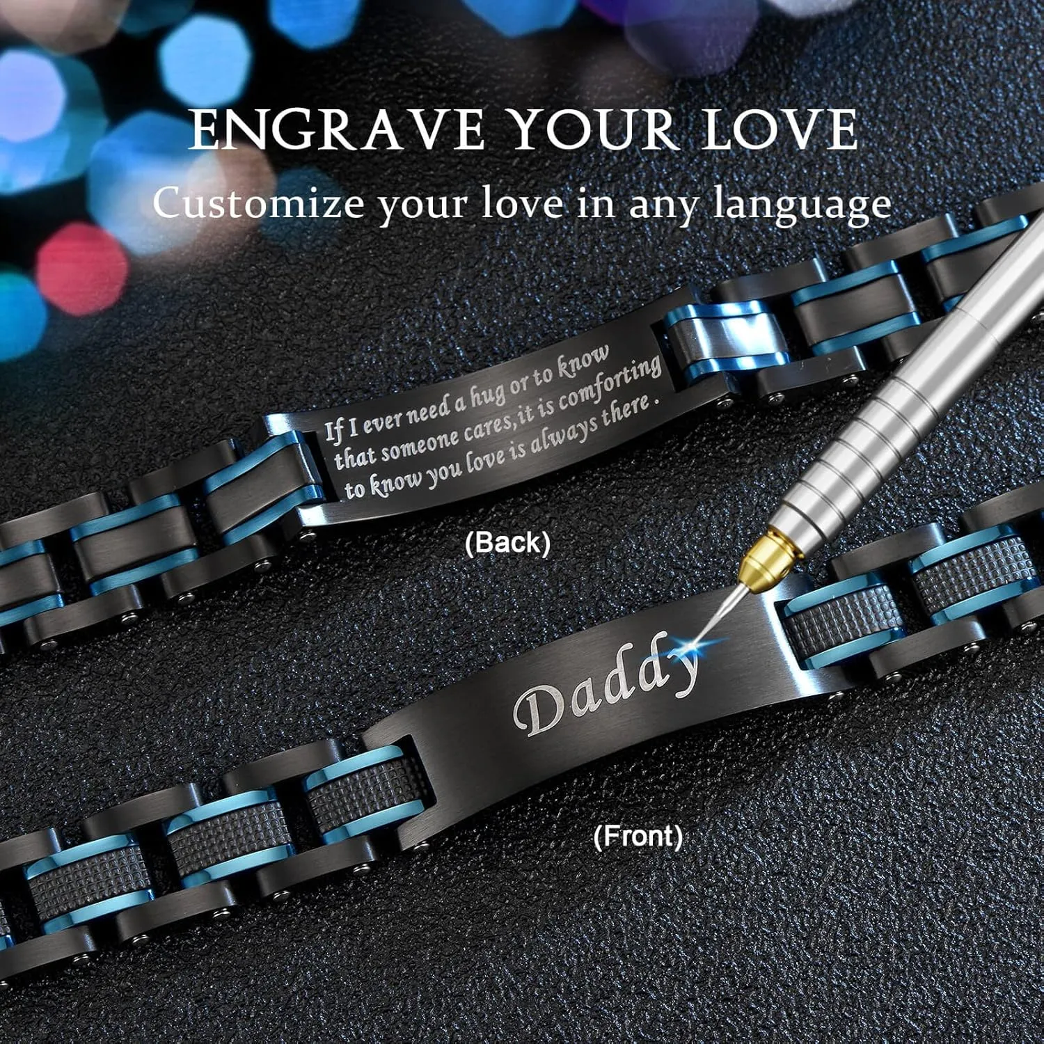 Men's Stainless Steel Two-Tone Square Link diamond Bracelet in Black & Blue Ion-Plated Black