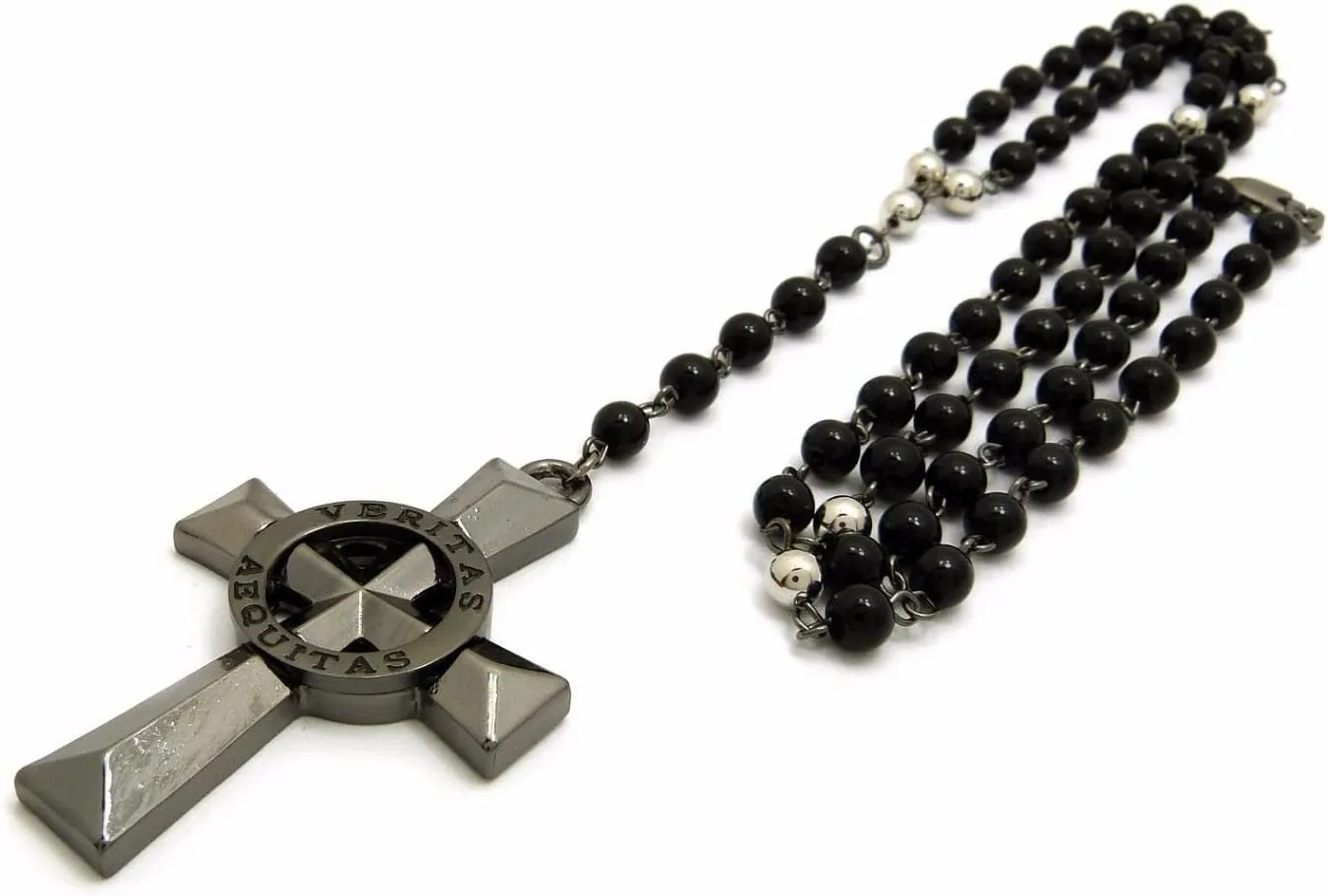 MENS VERITAS AEQUITAS CROSS BOONDOCK SAINTS PENDANT GLASS STONE BEAD ROSARY NECKLACE