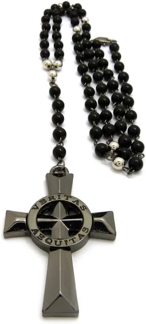MENS VERITAS AEQUITAS CROSS BOONDOCK SAINTS PENDANT GLASS STONE BEAD ROSARY NECKLACE
