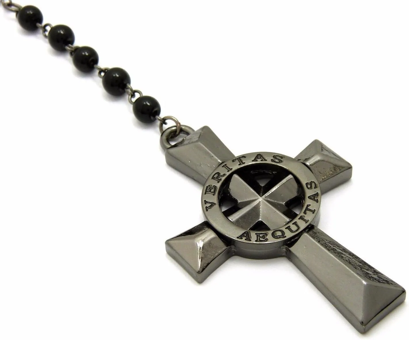 MENS VERITAS AEQUITAS CROSS BOONDOCK SAINTS PENDANT GLASS STONE BEAD ROSARY NECKLACE
